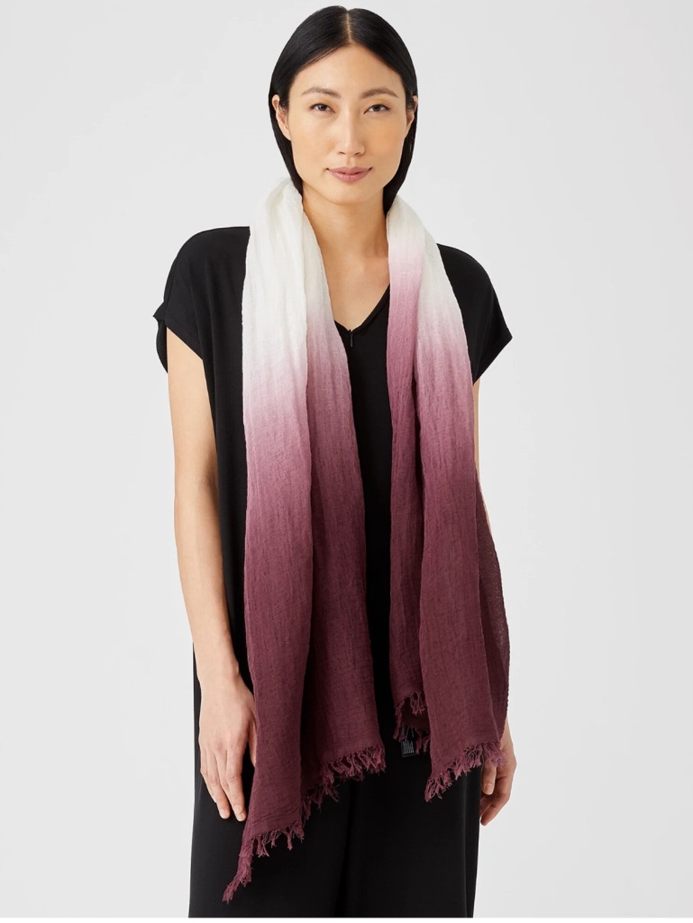 Eileen Fisher Organic Linen Cotton Dip Die Ombre Fringe Scarf In Cassis